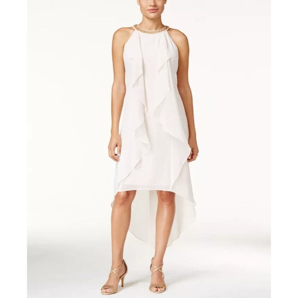 Thalia Sodi Ruffle Front Cocktail Dress White Size Medium Gold Neck Chain